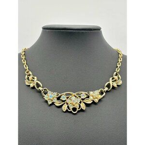 Vintage 1970s Necklace Collar, Gold Tone Swirled Links Aurora Borealis Faux Gems